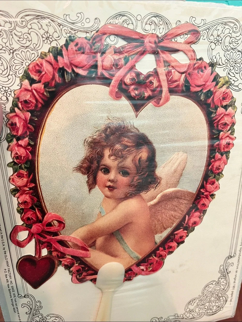 Vintage Valentine Cherub Heart Paper Fan